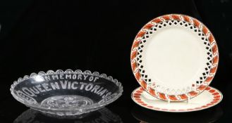 Two 18th Century creamware plates, together with a Queen Victoria commemorative glass dish (3)
