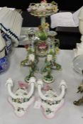 Porcelain table centrepiece with foliate decoration, pair of continental porcelain candlesticks,