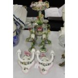 Porcelain table centrepiece with foliate decoration, pair of continental porcelain candlesticks,