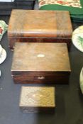Victorian walnut and marquetry inlaid writing slope, mahogany jewellery box, Middle Eastern carved