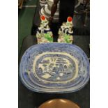 Three blue and white graduated meat plates, similar meat plate, pair of Staffordshire spill vases
