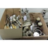 Silver plated ware, to include cased sets of cake forks, three piece tea set, spill vases, cruet