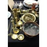 Copper and brass ware, to include colander, jugs, toasting forks, dinner gong, string box, horse and