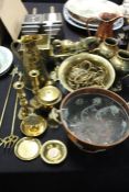 Copper and brass ware, to include colander, jugs, toasting forks, dinner gong, string box, horse and