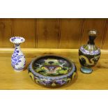 Cloisonne bowl and vase, the black ground with dragon decoration, Chinese blue and white vase with