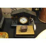Small slate desk clock of architectural form, two Post Office savings bank money boxes of book,