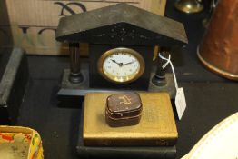Small slate desk clock of architectural form, two Post Office savings bank money boxes of book,