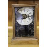 American pine cased mantel clock, the white painted dial with Roman numerals, 18cm wide x 26cm high