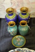 Pair of cloisonne vases with foliate and bird decoration on a blue ground, smaller pair of cloisonne