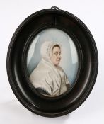 George III portrait miniature, of a lady with a lace cap and white top, oil on ivory, 70mm x 90mm