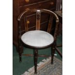 Edwardian mahogany bedroom chair, with pierced splats with marquetry inlay, raised on four turned