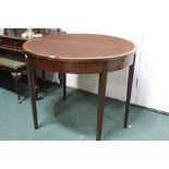 Mahogany demi-lune card table, with brown baize lined playing surface, on square tapering legs, 95cm
