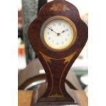 Edwardian style marquetry inlaid mantel clock, the dial with blue Arabic numerals, 20cm high, 10cm