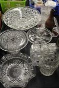 Glassware, to include three tazzas, three small decanters, jug, celery vase, dressing table tray ,