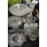 Glassware, to include three tazzas, three small decanters, jug, celery vase, dressing table tray ,