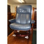 Norwegian Ekornes Stressless blue leather upholstered reclining armchair, 85cm wide