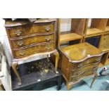 Pair of 20th Century bedside cabinets, with three serpentine frieze drawers, walnut veneered, raised