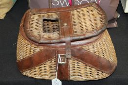Wicker and brown leather fly fishing creel, 33cm wide