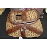 Wicker and brown leather fly fishing creel, 33cm wide