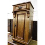 Mahogany pink veined marble top pot cupboard, a single drawer above the hinged door opening to