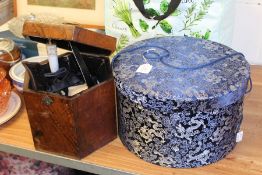 Walnut and marquetry inlaid hexagonal box, Herbert Johnson ladies hat housed in a blue dragon