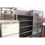 Oak bookcase with twin lead glazed doors, dark stained open bookcase, four drawer metal filing