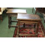 Pair of oak joint stools, made up of 17th Century and later timbers, carved frieze on turned