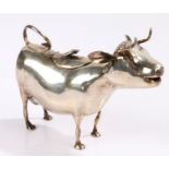 Dutch silver cow creamer, the hinged cover with raised fly, loop form tail/handle, 13.5cm wide, 10cm