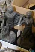 Pair of classical cast metal figures, depicting a man with his hand on a tree stump and a lady