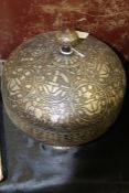 Islamic metal pot and cover, the lid and body with figural decoration, 24cm high
