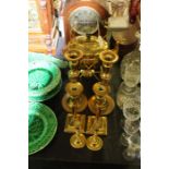 Brass kettle with stand and burner, three pairs of brass candlesticks (7)