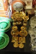 Brass kettle with stand and burner, three pairs of brass candlesticks (7)