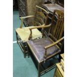 Victorian mahogany dining chair, the back with inlaid decorations, with a leather seat raised on