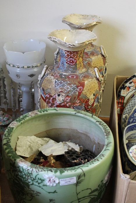 Pair of Japanese satsuma style vases with figural decoration, porcelain jardiniere with foliate