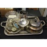 Plated ware to include twin handled tray, bottle holder, pierced bowl, muffin dish and cover,