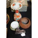 Japanese vase, together with an enamel dish, Chinese soapstone, porcelain cup and cover and a bowl