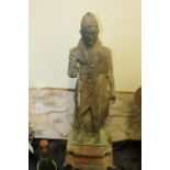 Cast metal standing Buddha figure, depicted with right hand raised, 58cm high