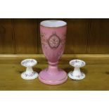 Victorian puce glass vase with enamelled foliate decoration, pair of Minton Haddon Hall candlesticks