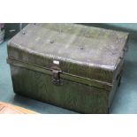 Tin trunk with green wood effect exterior and brass lock, 71.5cm wide