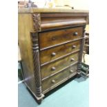Victorian Scottish mahogany chest of five drawers, with a cushion frieze drawer flanked by moulded