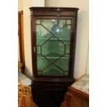 Pair of early 20th Century mahogany corner cabinets, the glazed doors above paneled doors, raised on