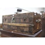 20th Century part leather trunk, with iron bindings, pine banded, 77cm wide