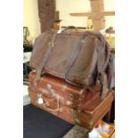 Three brown leather suitcases/bags, small brown leatherette case (4)