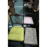 Early 20th century upholstered stool in oak, together with a Victorian bedroom chair, with a red