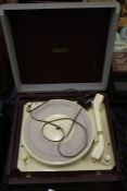 Emisonic record player, with burgundy and grey outer case, cream plastic interior