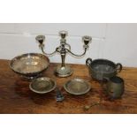 Silver plated wares to include Barker Ellis pedestal bowl, three branch candelabra, pair of plated