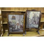 Two 20th Century needlework fire screens, one in an Art Deco style frame with fan carvings, 69cm and