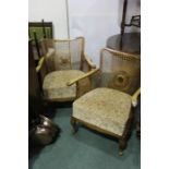 Pair of wicker armchairs, the cane backs with a central mahogany turned decoration, with upholstered