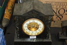 Edwardian slate mantel clock, the triangular pediment above the ivorine dial with Arabic numerals,