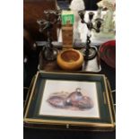 Two oak trays with galleried metal borders, tray decorated with red-legged partridges, pair of oak